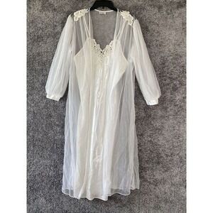 Vtg SHEER‎ Babydoll CHIFFON Gown ROBE Medium Peignoir Negligee SET Bridal White